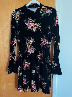 Black Floral Velvet Long-Sleeve Fit & Flare Dress with Pink and Orange Blooms